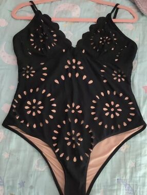 Black Cutout One-Piece Swimsuit with Nude Lining
